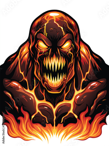 Design a terrifying lava monster with cracked, glowing skin. Emphasize the fiery, molten texture and incorporate a sense of impending danger.