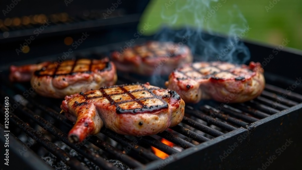 meat being grilled on a grill standing outside close-up meat being grilled on a grill standing outside close-up