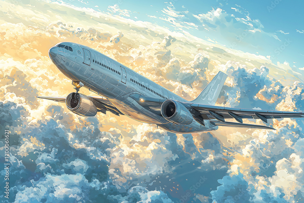 Fototapeta premium Modern Airplane Flying in Blue Sky. Transparent figures Design and Real Details abstract
