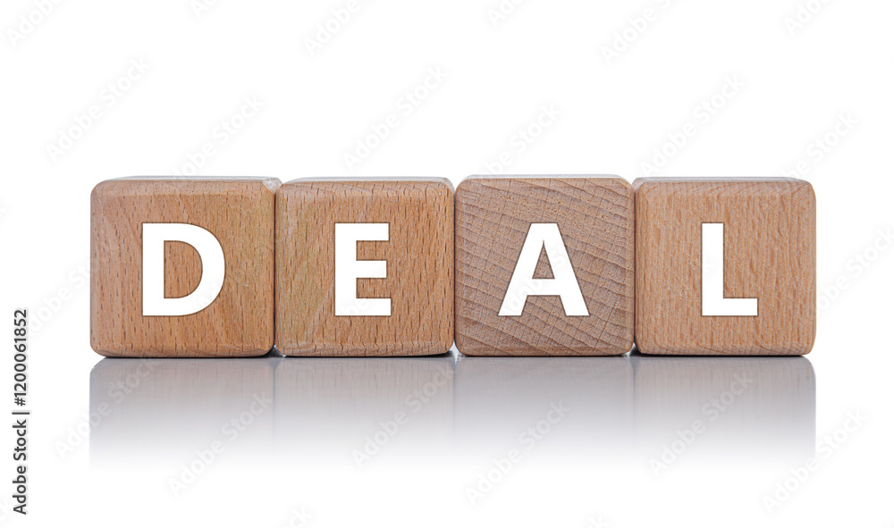 Wooden cubes with the inscription DEAL on a white background.
