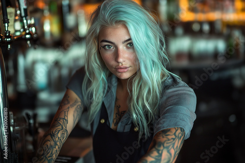 Wallpaper Mural tattooed woman bartender making drinks in a bar. Torontodigital.ca