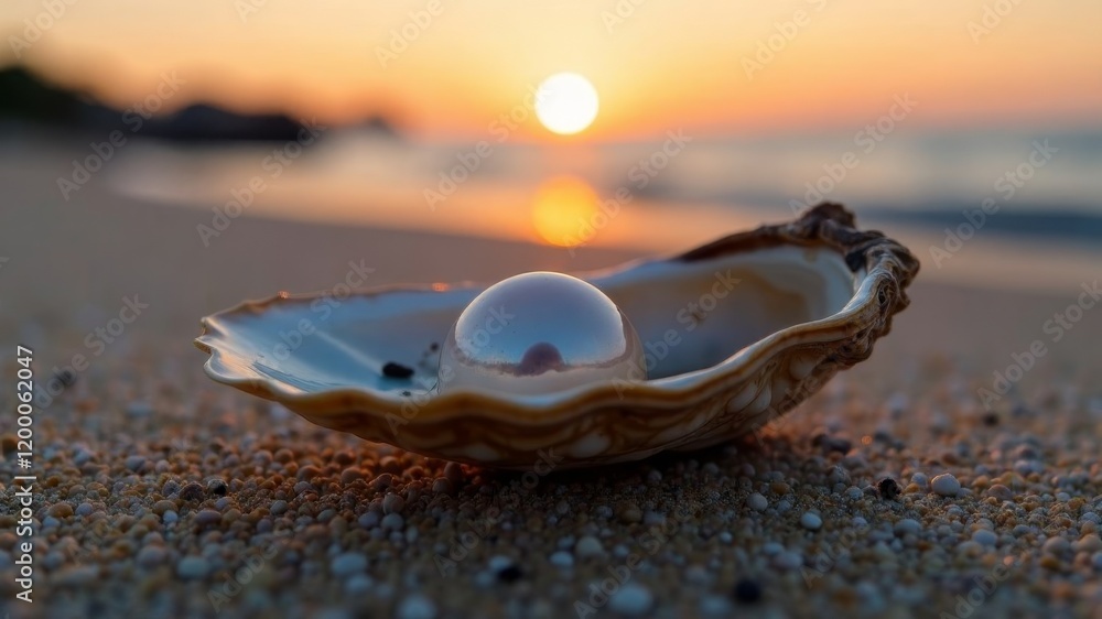 pearl in a shell on a sandy beach at sunset pearl in a shell on a sandy beach at sunset