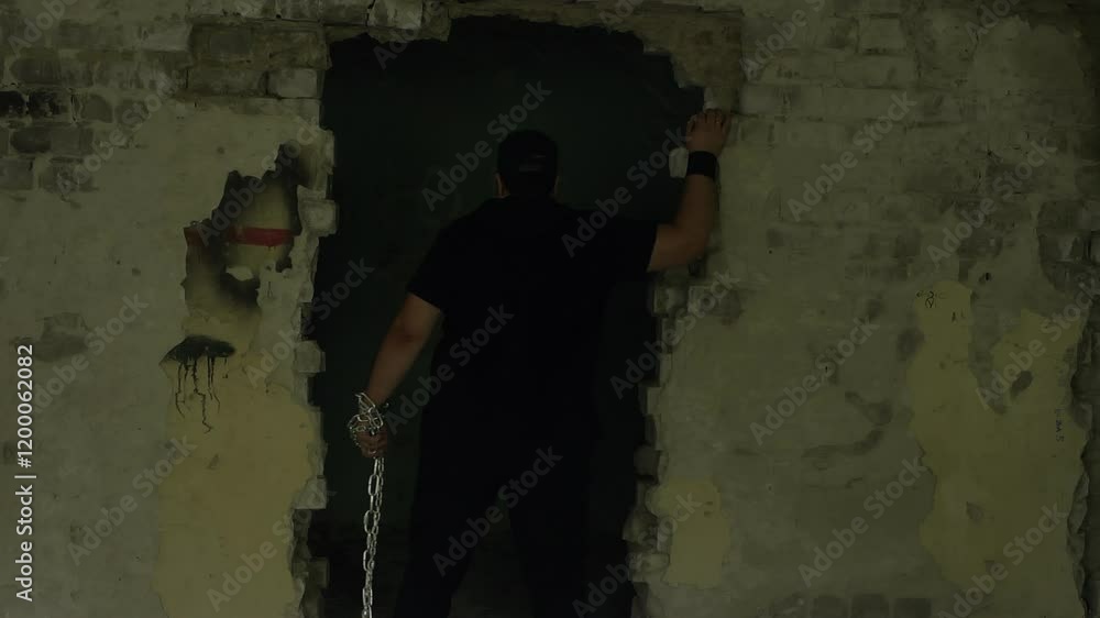 Desperate prisoner breaking metal chains, walking through crumbling wall, symbolizing powerful escape from confinement and pursuit of freedom in abandoned, dark prison environment Desperate prisoner breaking metal chains, walking through crumbling wall, symbolizing powerful escape from confinement and pursuit of freedom in abandoned, dark prison environment