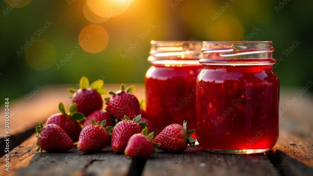 Jars of jam surrounded by strawberries on a wooden stand outside Jars of jam surrounded by strawberries on a wooden stand outside