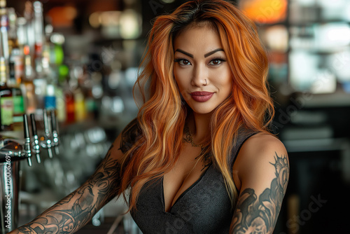 Wallpaper Mural tattooed woman bartender making drinks in a bar. Torontodigital.ca