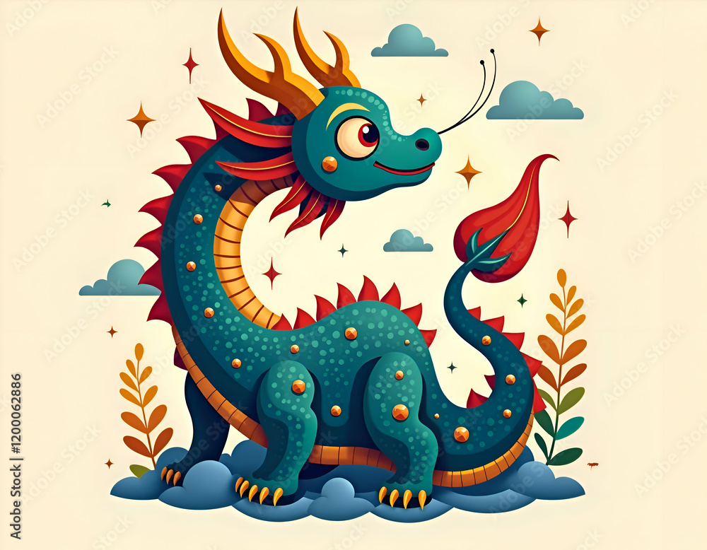 Fototapeta premium chinese dragon with a dragon | Colorful Cartoon Dragon Design with Fantasy Elements and Decorative