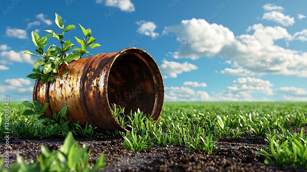 Digital Illustration of Rusted Barrel with Plants in Abandoned Field Digital Illustration of Rusted Barrel with Plants in Abandoned Field