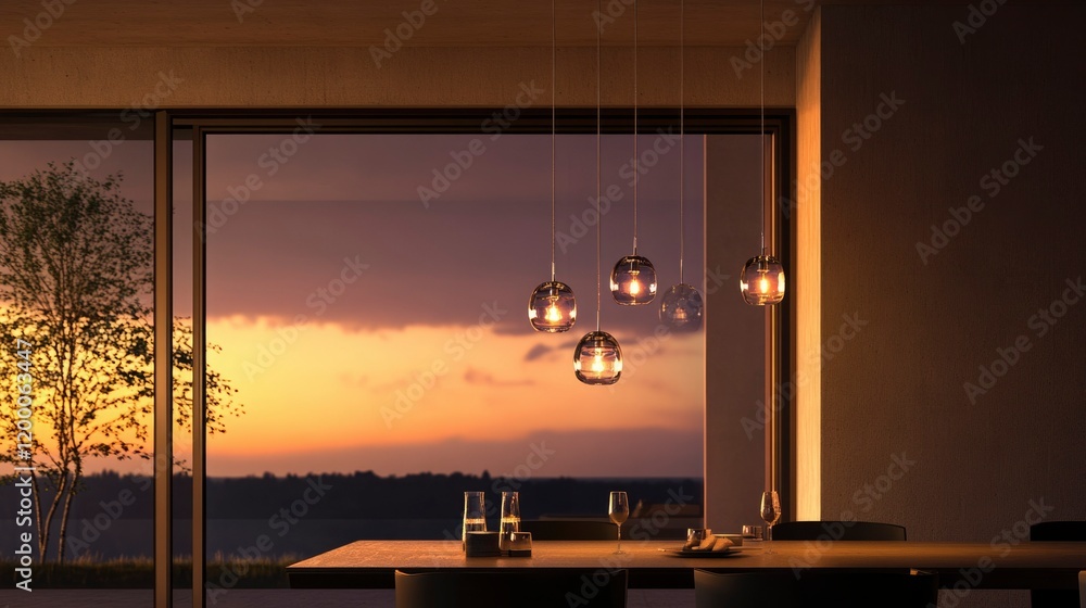 Obraz premium Modern dining room with sunset view and pendant lights
