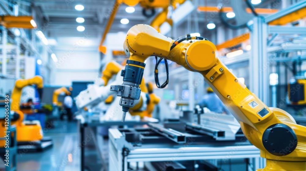A state-of-the-art industrial robotics testing facility with engineers fine-tuning automated assembly processes using advanced robotic arms, Robotics testing facility scene A state-of-the-art industrial robotics testing facility with engineers fine-tuning automated assembly processes using advanced robotic arms, Robotics testing facility scene