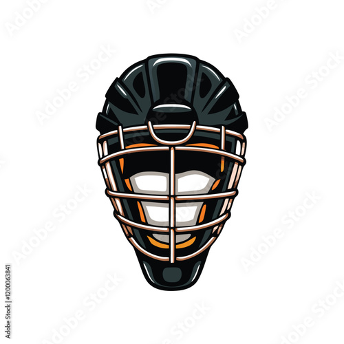 Illustrate a baseball catcher's helmet with a facial mask attached to the front. Show the mask covering the catcher's entire face and leaving only the eyes visible.