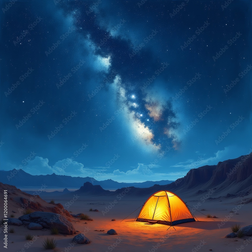 The image is a digital illustration of a desert landscape at night. The sky is filled with stars and the Milky Way galaxy is visible in the top right corner. The image is a digital illustration of a desert landscape at night. The sky is filled with stars and the Milky Way galaxy is visible in the top right corner.