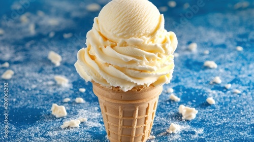 Creamy vanilla ice cream scoop in a waffle cone on a blue background. photo