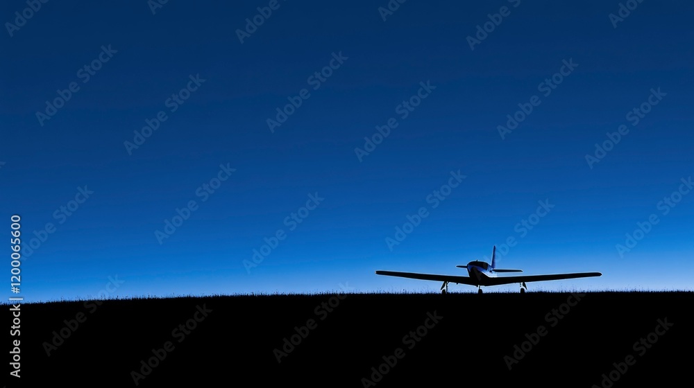 Single Propeller Airplane Silhouetted Against Dusk Sky Single Propeller Airplane Silhouetted Against Dusk Sky