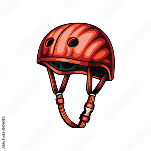 A detailed illustration of a mountaineering helmet with safety straps and buckles, showcasing its rugged design and protective features.