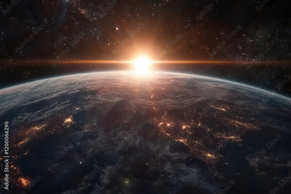 Stunning view of Earth at sunrise with vibrant colors illuminating the atmosphere and stars twinkling in the dark cosmos Stunning view of Earth at sunrise with vibrant colors illuminating the atmosphere and stars twinkling in the dark cosmos