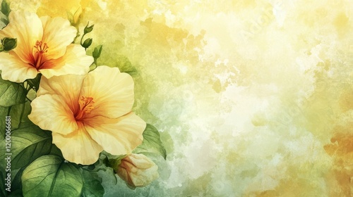 Delicate yellow hibiscus flowers on a watercolor background