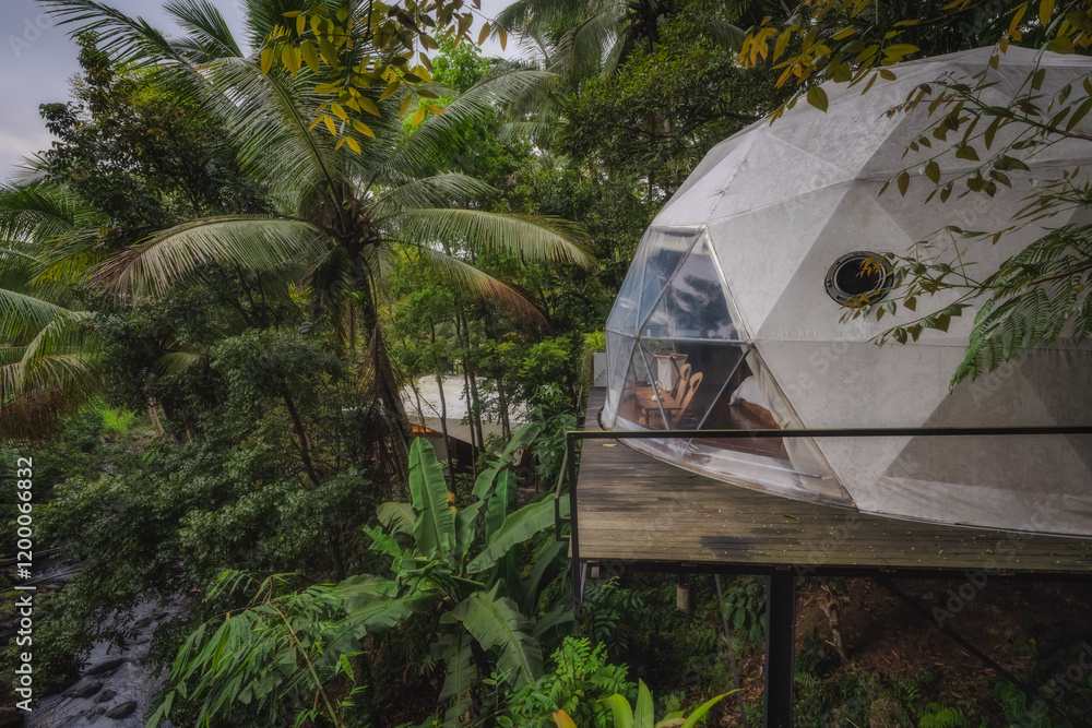 Experience the breathtaking beauty of a stunning geodesic dome, surrounded by a vibrant tropical landscape that offers an immersive and calming nature experience, East Java, Indonesia