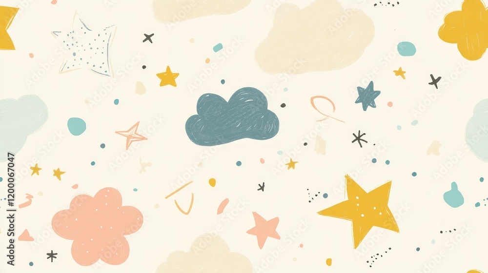 Seamless pattern with stars, clouds, and dots. Seamless pattern with stars, clouds, and dots.
