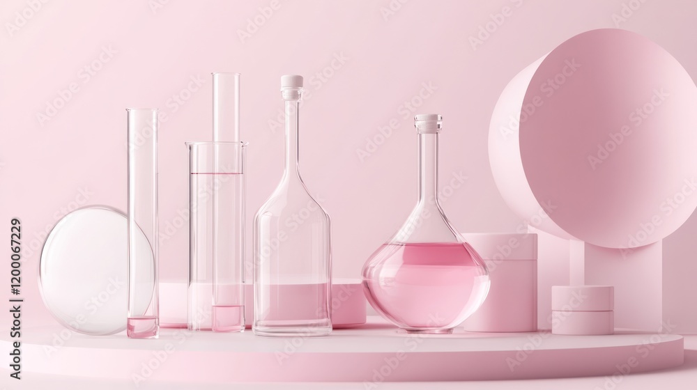 Pink aesthetic lab glassware with liquids on display. Pink aesthetic lab glassware with liquids on display.