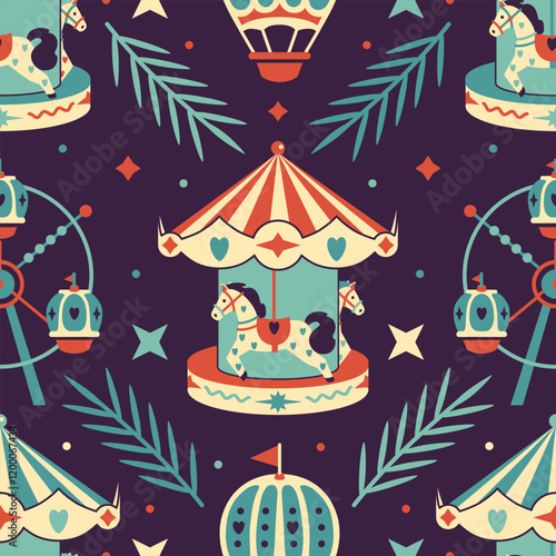 Retro seamless pattern. Carousel horses, Ferris wheels, and festive elements. Perfect for funfair, carnival, or Christmas market themes. Wrapping paper or winter holiday decor
