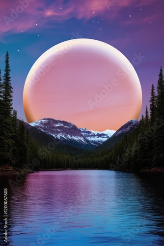 A surreal landscape showcases a giant moonset over a tranquil lake surrounded by snowy mountains and lush forests, blending vibrant dusk and twilight hues, evoking dreams and cosmic wonder photo