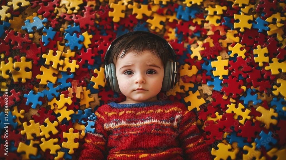 World autism awareness day, April 2. Small child with headphones lies on Colorful Puzzles. Mental Health and Disorder Concept World autism awareness day, April 2. Small child with headphones lies on Colorful Puzzles. Mental Health and Disorder Concept