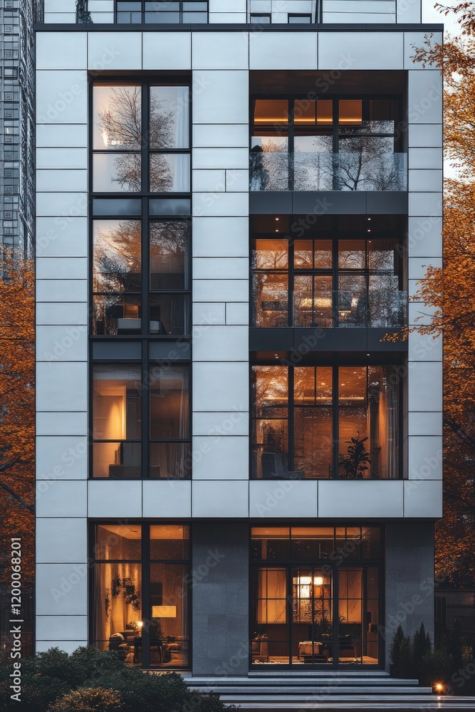Modern apartment building, illuminated windows, autumn leaves. Modern apartment building, illuminated windows, autumn leaves.