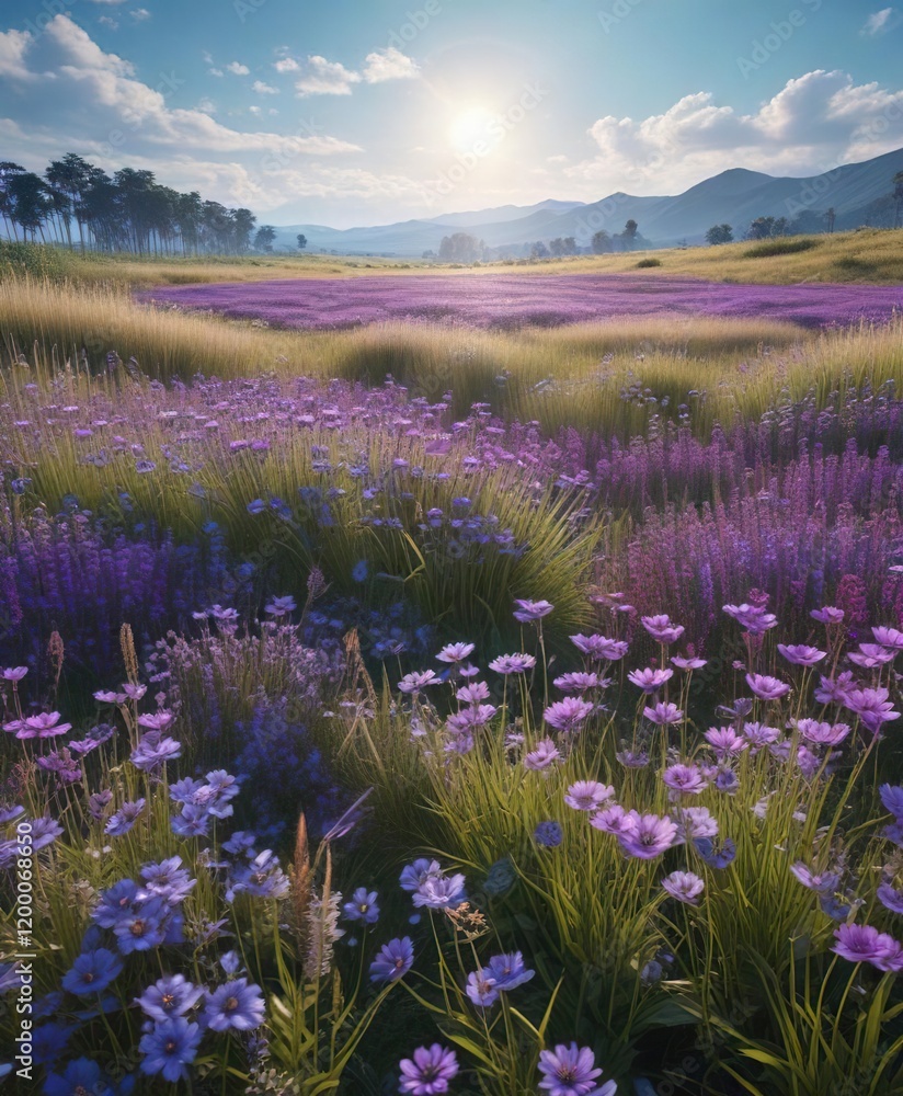 Naklejka premium Purple and blue flower fields in a meadow with tall grass, grass, flower, meadow, green, garden