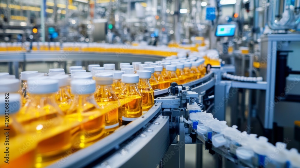 Obraz premium A state-of-the-art pharmaceutical manufacturing plant with automated production lines producing vaccines under stringent quality control, Pharmaceutical manufacturing plant scene
