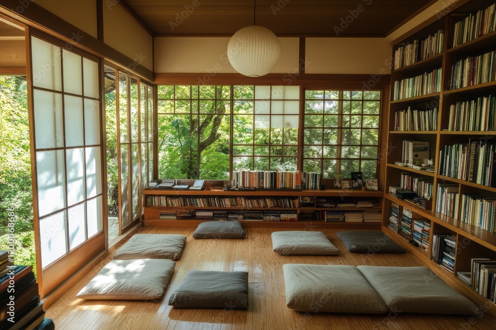 Serene Japanese Reading Room With Floor Cushions And Bookshelves Serene Japanese Reading Room With Floor Cushions And Bookshelves