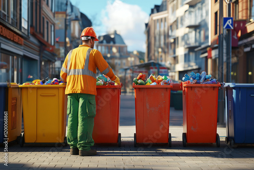 A street cleaner organizing recyclables in different bins, working near a colorful recycling station. photo