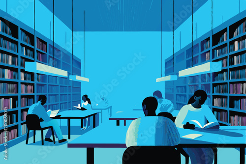 A bustling library scene illustrated in vector format, showcasing a diverse range of people immersed in books, studying, and engaging in conversations.