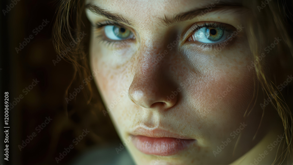 Captivating Gaze of a Modern Woman Illuminated Softly in an Intimate Indoor Space Captivating Gaze of a Modern Woman Illuminated Softly in an Intimate Indoor Space