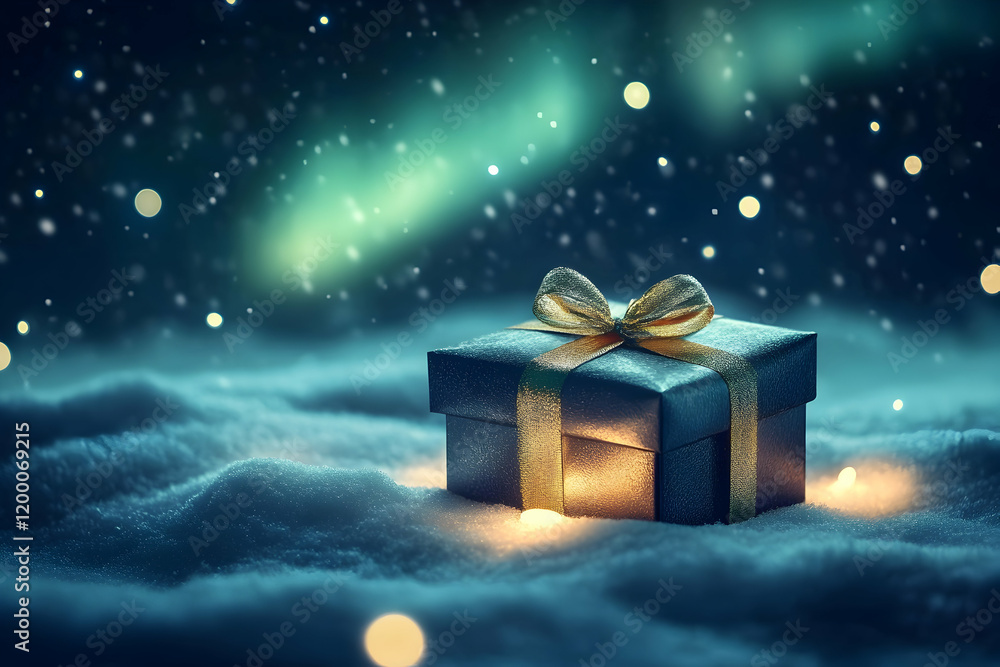 Gift box in snowy surroundings illuminated under a magical Northern Lights display Gift box in snowy surroundings illuminated under a magical Northern Lights display