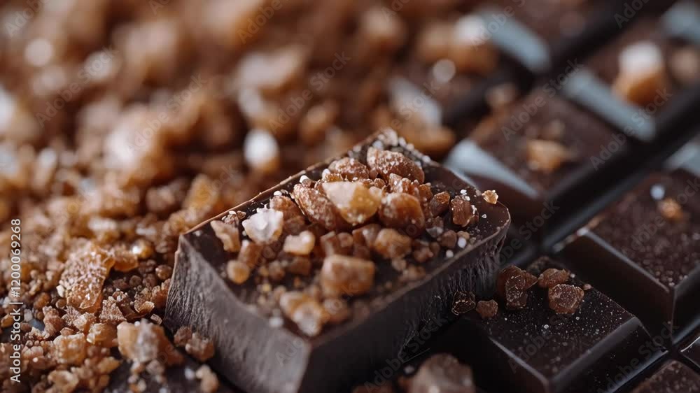 Close-up of rich dark chocolate bar sprinkled with coarse brown sugar crystals. Close-up of rich dark chocolate bar sprinkled with coarse brown sugar crystals.