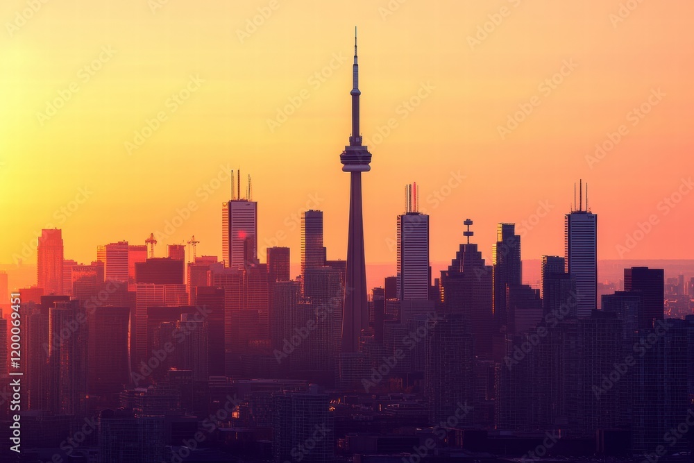 Obraz premium Urban skyline with iconic towers and bridges illuminated by a vibrant sunset over the city. Generative AI