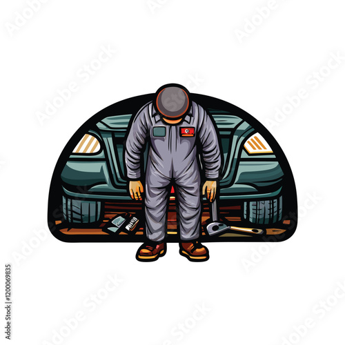 A detailed illustration of a mechanic wearing a gray jumpsuit, confidently working on a car engine.