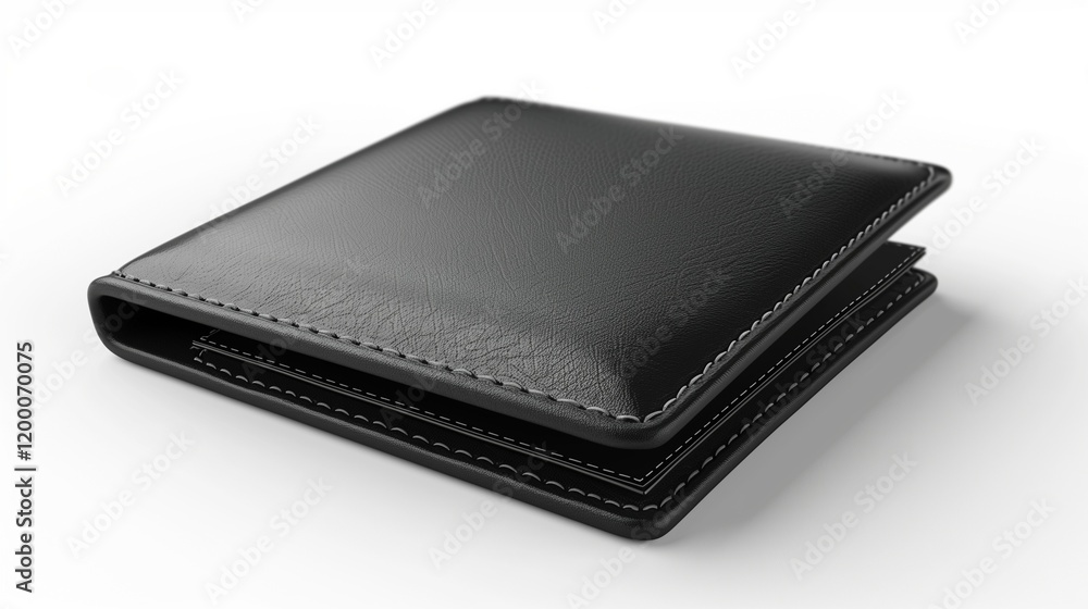 A realistic isolated black leather wallet with visible stitching and a sleek design on a white background A realistic isolated black leather wallet with visible stitching and a sleek design on a white background