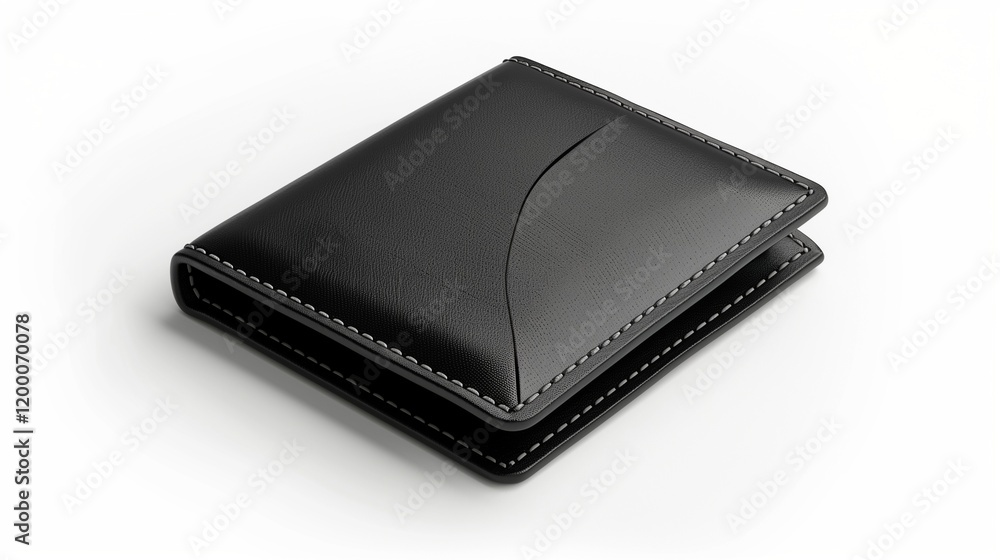 A realistic isolated black leather wallet with visible stitching and a sleek design on a white background A realistic isolated black leather wallet with visible stitching and a sleek design on a white background
