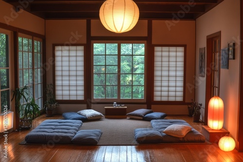 Serene Japanese Room With Floor Cushions And Lanterns