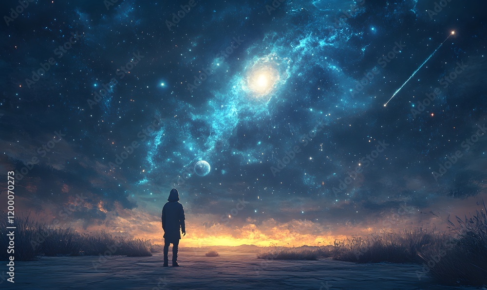 Fototapeta premium Lonely Silhouette on a Barren Landscape Gazing at a Starry Sky Filled with Comets