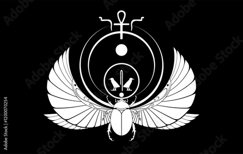 egyptian sacred Scarab wall art design. beetle with wings. Vector illustration white logo, personifying the god Khepri. Symbol of the ancient Egyptians. To be colored isolated on black background 