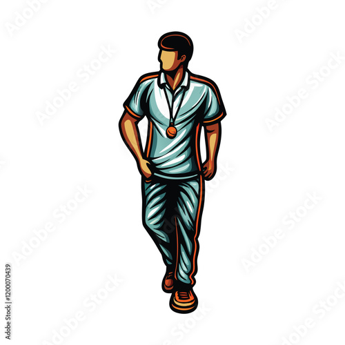 A detailed illustration of a sports coach in a polo shirt, standing confidently with a determined expression. The coach should be in a sporty environment, potentially with a team in the background.