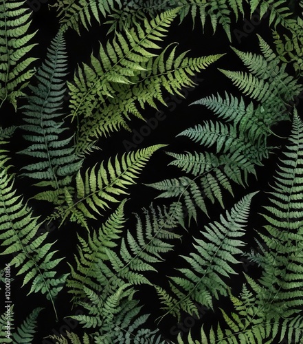 Repeating pattern of fern leaves in watercolor style on dark background, plant texture, jungle theme, natural ornament, botanical art photo