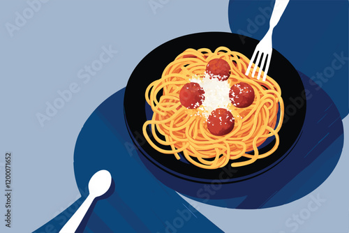 A vibrant, detailed vector illustration of a classic Italian pasta dinner featuring spaghetti, meatballs, marinara sauce, parmesan cheese, and a glass of red wine.