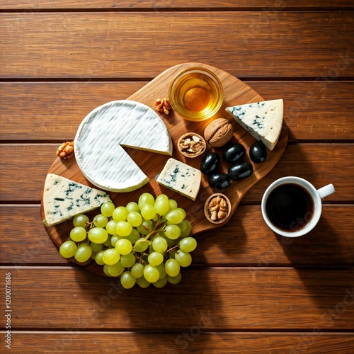 wine and grapes, Cheese on a board, olives, olives, grapes, honey, coffee, cappuccino