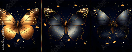 Elegant gold, dark butterflies, dark background, print photo