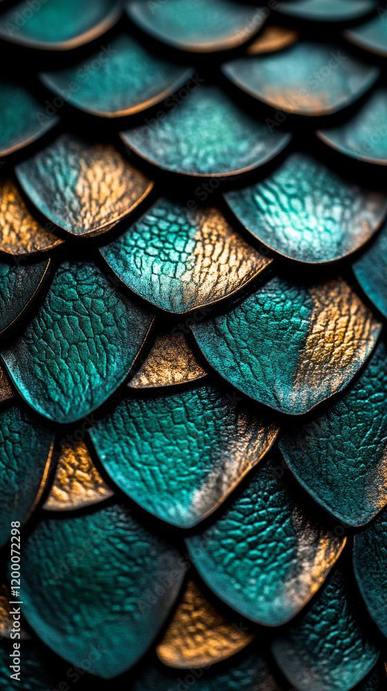Fototapeta premium Dragon scale texture with shimmering greens and golds, fantastical and intricate