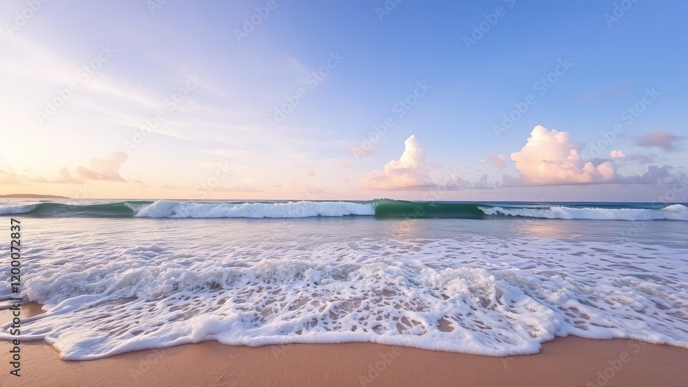 Obraz premium Scenic view of waves rolling onto sandy tropical beach, paradise, travel
