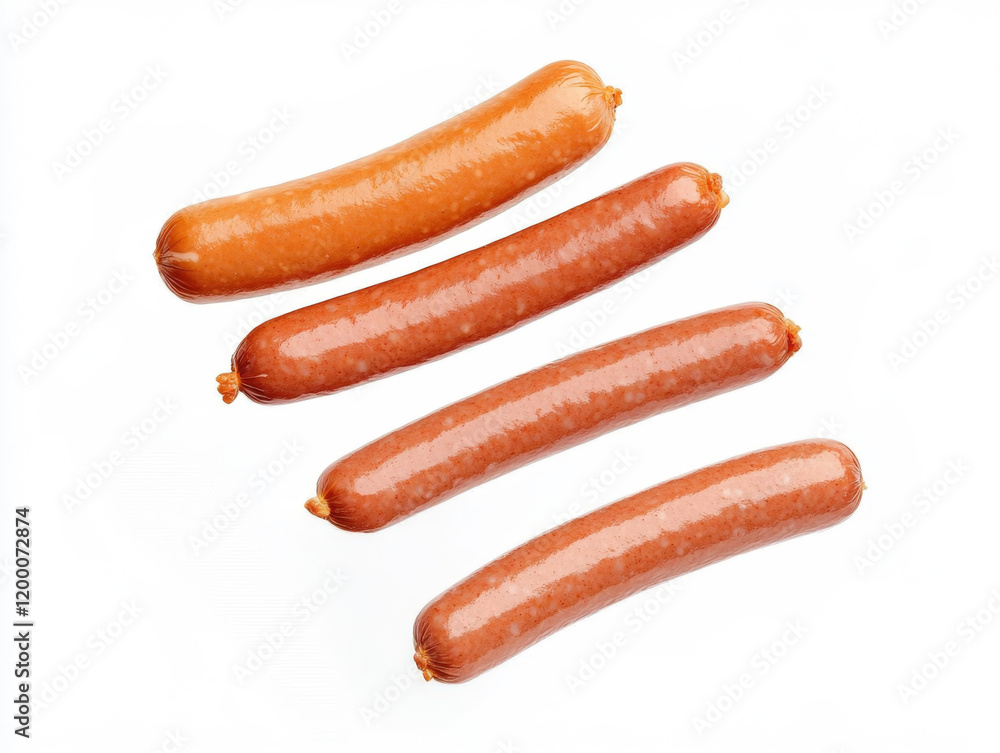 Four sausage links arranged neatly, showcasing their glossy surface and uniform shape, perfect for grilling or creating delicious meals Four sausage links arranged neatly, showcasing their glossy surface and uniform shape, perfect for grilling or creating delicious meals